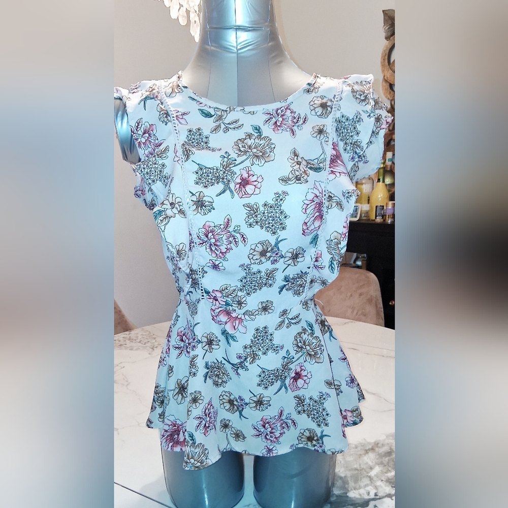 Monteau Floral Peplum Blouse with Ruffle Sleeves